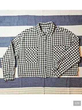 Ardene Cotton Flannel Cropped Plaid Shirt Jacket Black And White Large